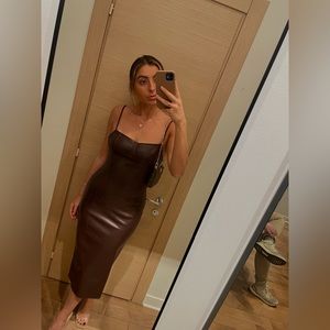 Brown leather midi dress